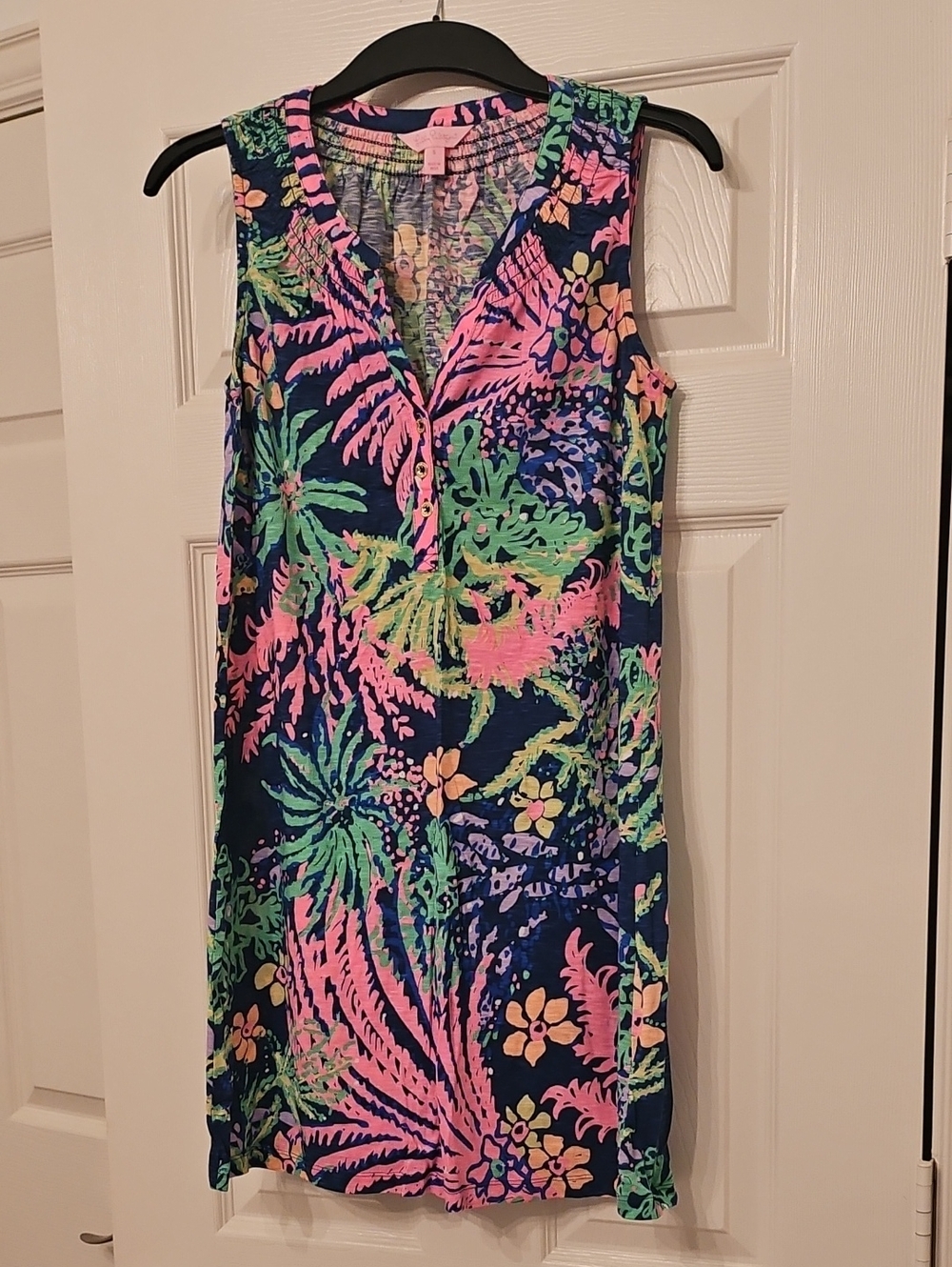 Lilly Pulitzer Navy Sleeveless Mini Dress with Pink and Green Tropical Print